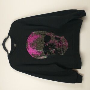 Skull Crystal Sweatshirt Womens Medium Black Pink Oversized Rhinestone Emo Goth